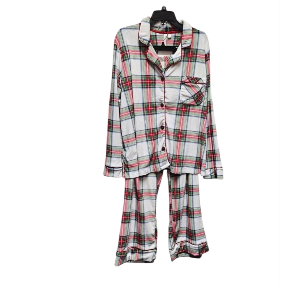 Joyspun 2pc Plaid Green And Red Soft Button Up Pajamas Size XL 16-18